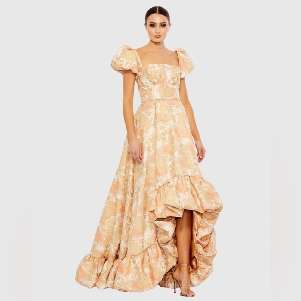 Mac Duggal 68276 NWT Orange Floral Print Puff Sleeve High Low Brocade Gown